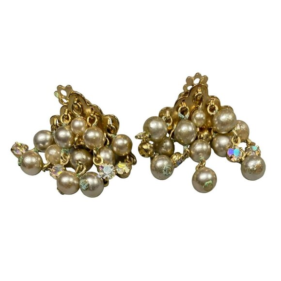 Vintage Gold-tone Metal & Faux Baroque Pearl Cluster Dangle Clip-on Earrings - Picture 2 of 4